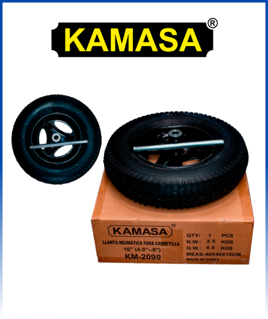 (KM2090) LLANTA PARA CARRETILLA COMPLETA NEUMATICA CON EJE + BARLEROS KAMASA