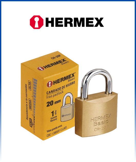 (22526) CANDADO DE HIERRO COLOR LATÓN 20 MM ARCO NORMAL HERMEX